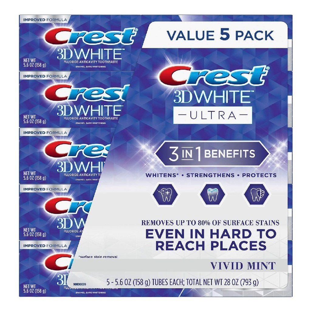 Pasta Dental Crest 3D Ultra Blanqueante, 5 Pack / 158g