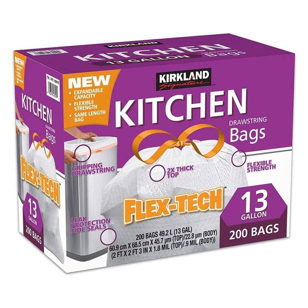 Bolsas De Basura Flex-Tech Con Cinta De Amarre Kirkland, 200 Pack
