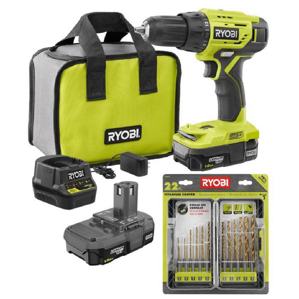 Taladro Inalámbrico Ryobi + Kit De Brocas Revestidas De Titanio 22 Pc / Incluye 2 Baterías