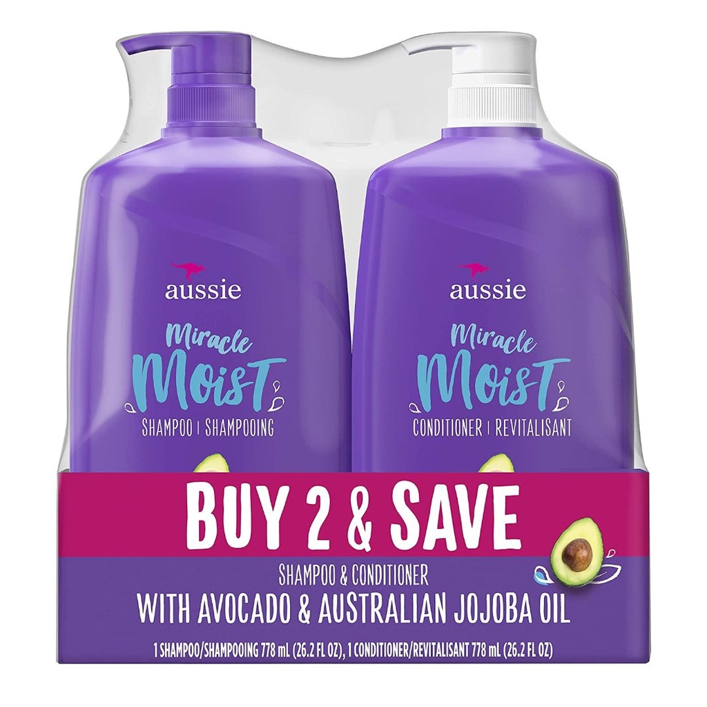 Champú y Acondicionador Sin Parabenos Impregnado Con Aguacate y Aceite De Semillas De Jojoba, Aussie Miracle Moist, 900 mL