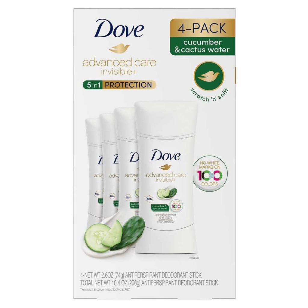 Desodorante Antitranspirante en Barra Dove Advanced Care Invisible+ / Agua De Pepino y Cactus / 74g / 4 Pack