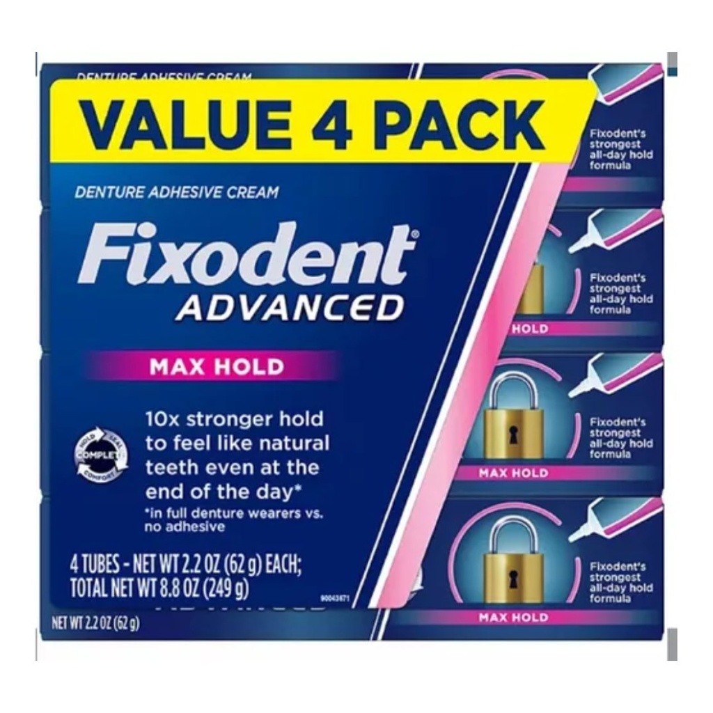 Crema Adhesiva Para Dentadura Postiza / Fixodent Advanced Max Hold / 4 Pack / 62g