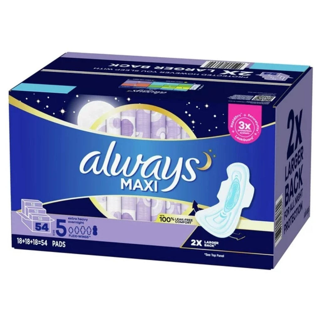 Toallas Sanitarias Nocturnas Con Alas / Always Maxi / 3 Pack / 18 Und / 54 Total