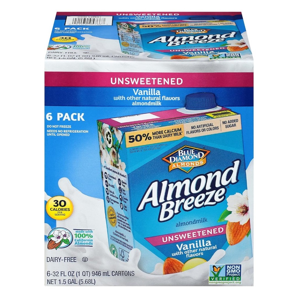 Leche De Almendras Sabor Vainilla Sin Azúcar / Almond Breeze / 6 Pack / 946ml