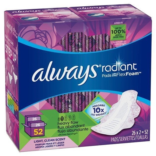 Toallas Sanitarias Always Radiant 52 pack.