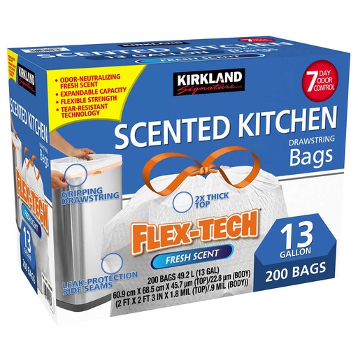 [096619215669] Bolsas De Basura Flex-Tech Con Cinta De Amarre Kirkland, 200 Pack / 49.2 L