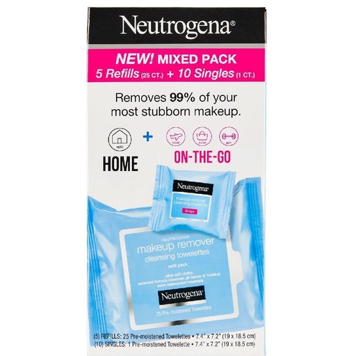 Toallitas Removedoras de Maquillaje Neutrogena, 5 Pack (25 Und) Más 10 Packs Individuales