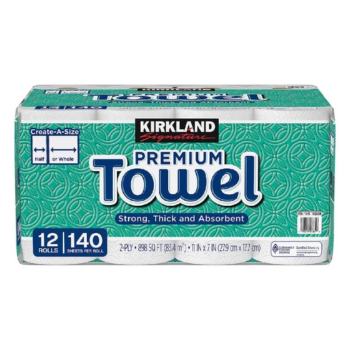 Toallín Kirkland Premium Súper Absorbente, 12 Rollos / 140 Hojas Doble Pliegue