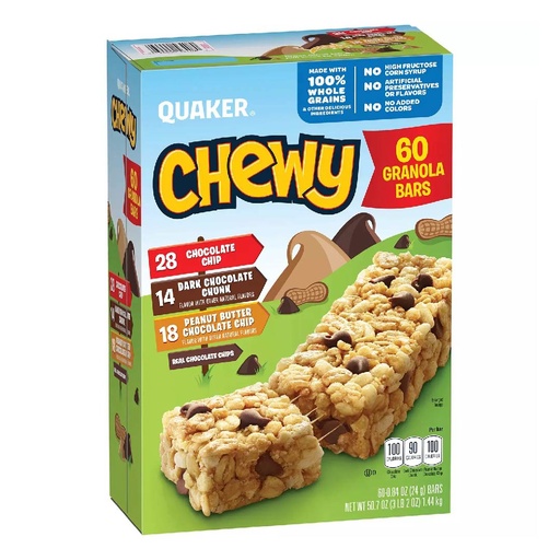 [030000564080] Barras De Granola Quaker Chewy 100% Integral, Sabores Variados / 60 Pack