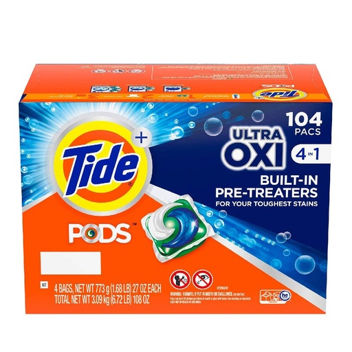 [037000752448] Detergente Líquido En Capsulas Tide Pods 4 en 1 Ultra OXI / 4 Pack / 104 Cap