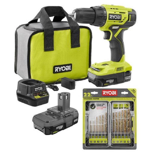 Taladro Inalámbrico Ryobi + Kit De Brocas Revestidas De Titanio 22 Pc / Incluye 2 Baterías
