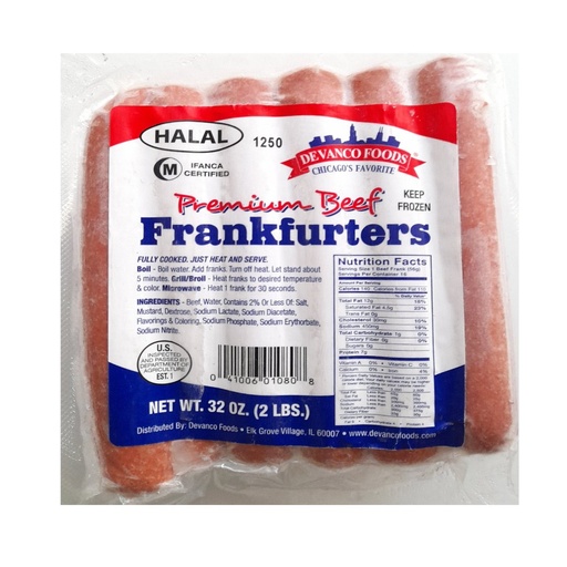 [041006010808] Salchicha Halal De Carne De Res Premium, Devanco Foods / 907g / 16 Und