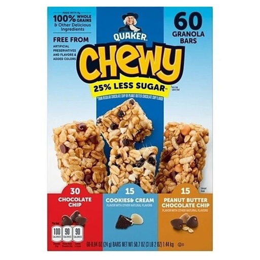 [030000575185] Barras De Granola Chewy - Quaker 25% Menos Azúcar Sabores Variados / 60 Barras