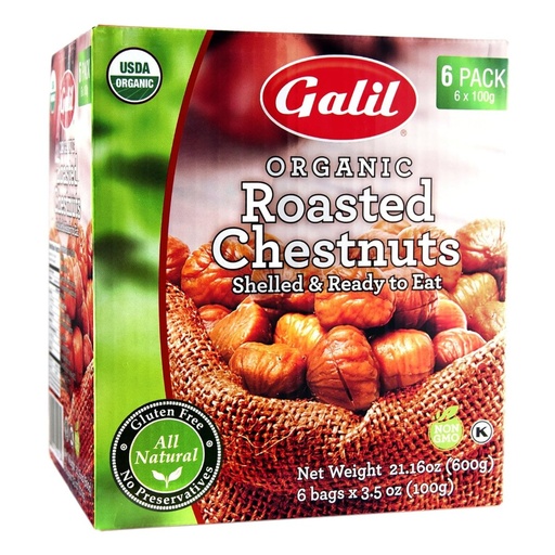[794711001349] Castañas Orgánicas Tostadas Con Sal Listas Para Comer / Galil / 100g / 6 Pack