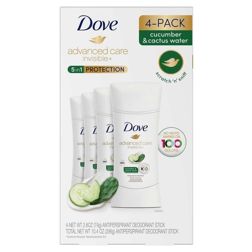 [0079400500786] Desodorante Antitranspirante en Barra Dove Advanced Care Invisible+ / Agua De Pepino y Cactus / 74g / 4 Pack