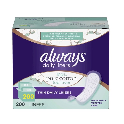[030772104736] Protectores Diarios Always Delgados 100 % Algodón Puro / 200 Pack