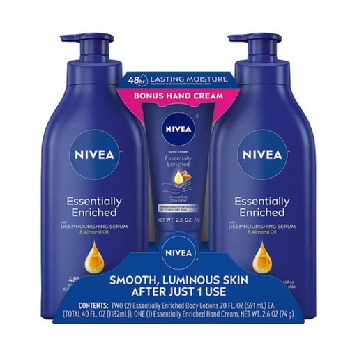 [072140037444] Crema Hidratante Nivea Con Aceite De Almendras / 2 Pack 591ml + Crema De Manos 74g