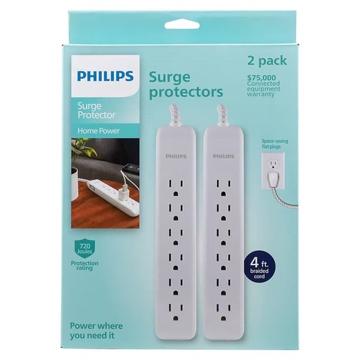 [030878800747] Philips Regleta Protectora De Sobretensiones 6 Tomas - Cable De Extensión Trenzado De 4 Pies - Enchufe Plano / 4 Pack